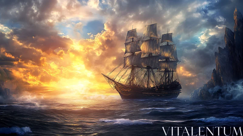 Three-masted sailing ship transits rough sea at sunset