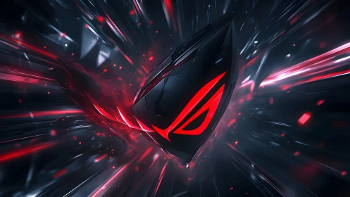 Futuristic gaming shield with glowing red logo in dynamic digital style.