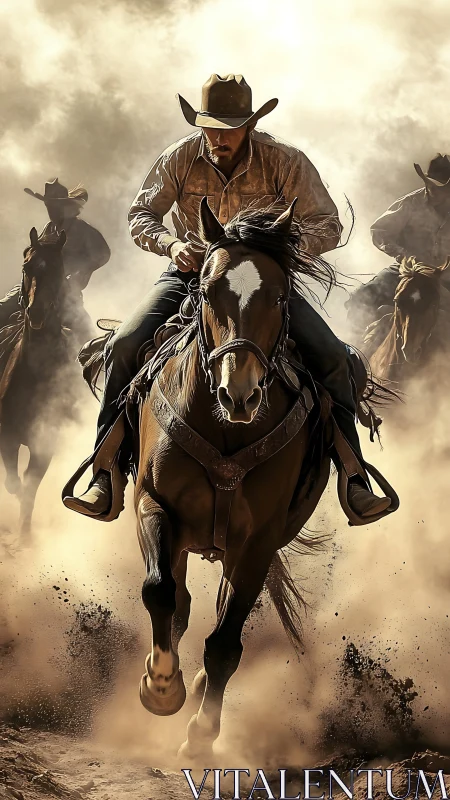 Cowboy leads hard-charging horses through swirling desert dust.