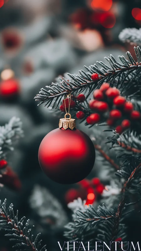 Photorealistic frosted fir with crimson Christmas bauble focus.