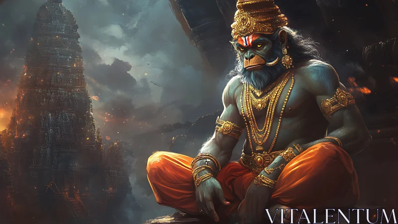 Divine simian warrior in gold regalia before blazing temple.