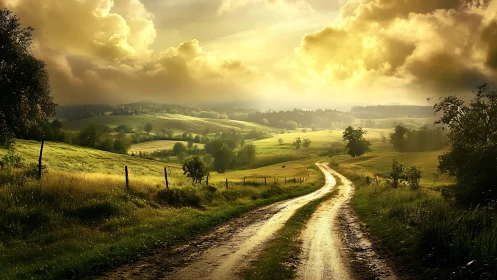 Rural dirt road curving through sunlit pastoral valley at dusk