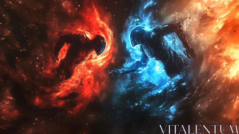 Opposed red and blue humanoid energy forms in space.