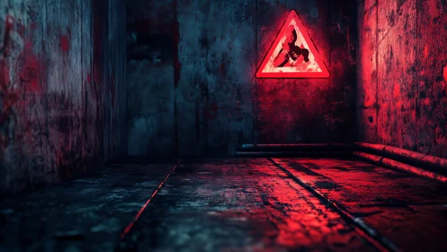 Red hazard sign glowing in dark industrial corridor.