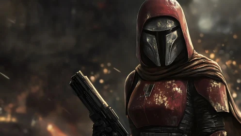 Armored sci fi ranger in battle worn crimson hooded armor.