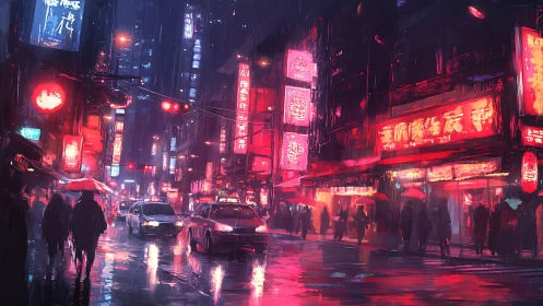 Neon-soaked urban street renders cinematic rainy night scene