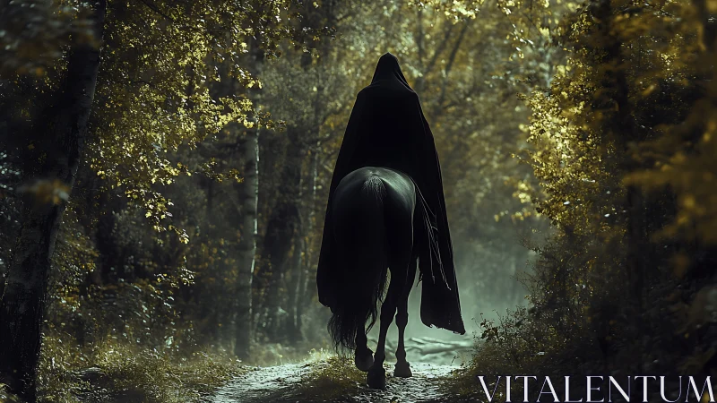 Hooded rider slips through a spelllit tunnel of autumn gloom