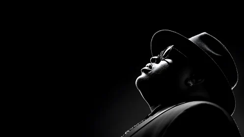 Low key side portrait of man in hat and sunglasses.