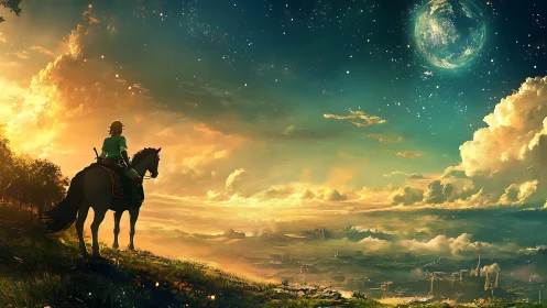 Rider on horse overlooking illuminated fantasy valley at dusk.