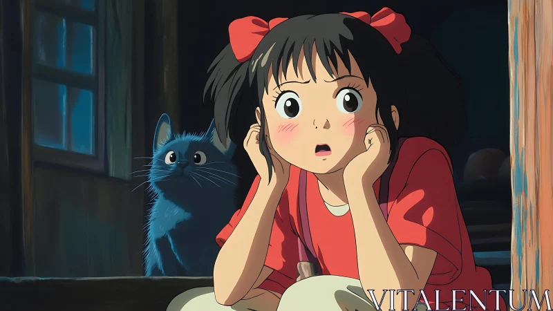 Young girl in red with black cat in cel-shaded interior scene
