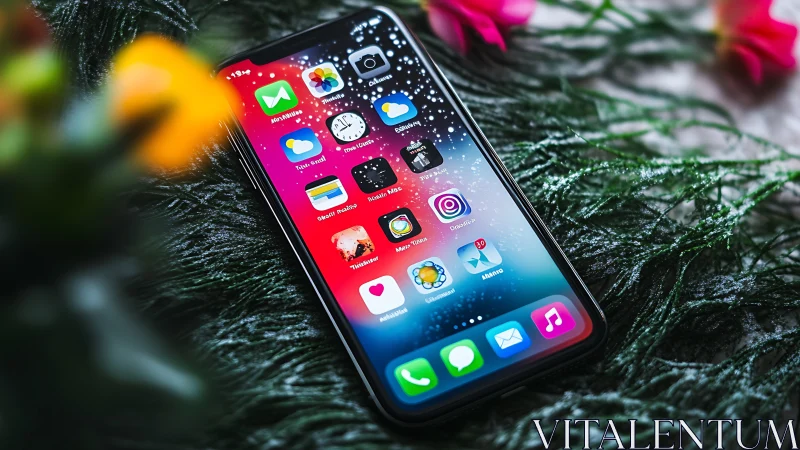 iOS Smartphone Displaying Multicolored Home Screen Applications Against Natural Foliage