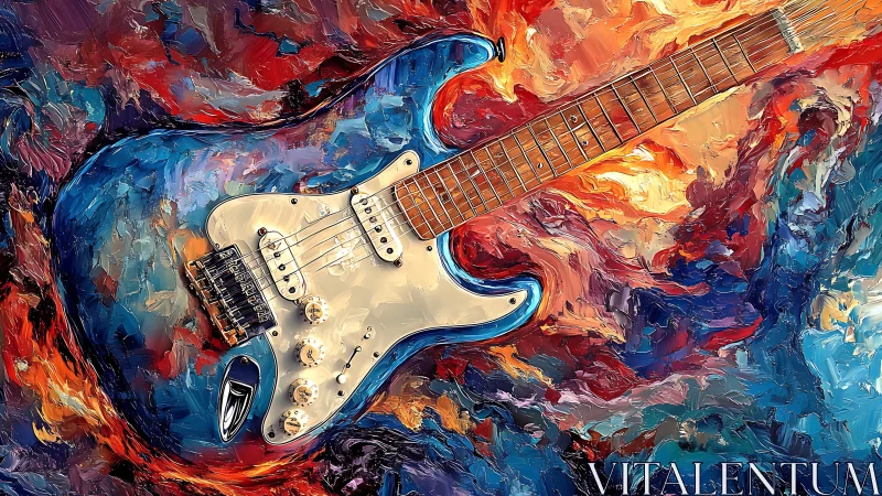 Electric guitar floats in swirling, fiery abstract color storm