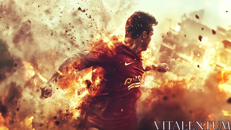 Explosive soccer striker rendered in blazing motion storm.