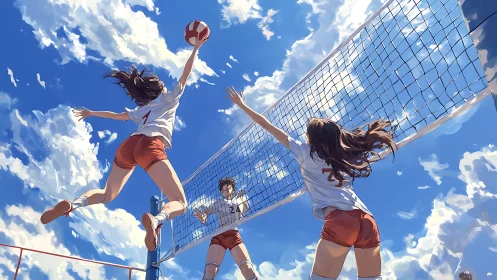 Sky-high volleyball moment celebrates teamwork and sunny energy