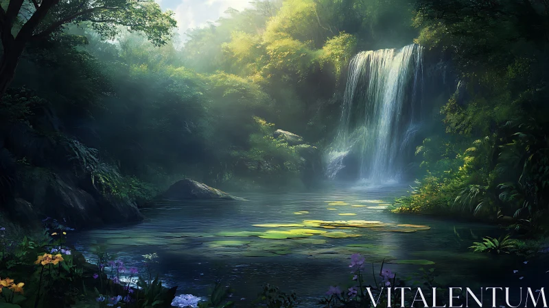 Lush forest waterfall with luminous mist and lily-covered pool.