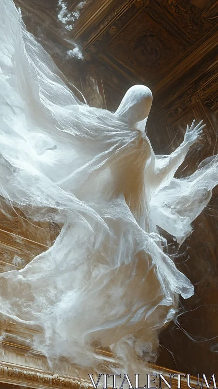 Translucent robed figure in ornate interior space context.