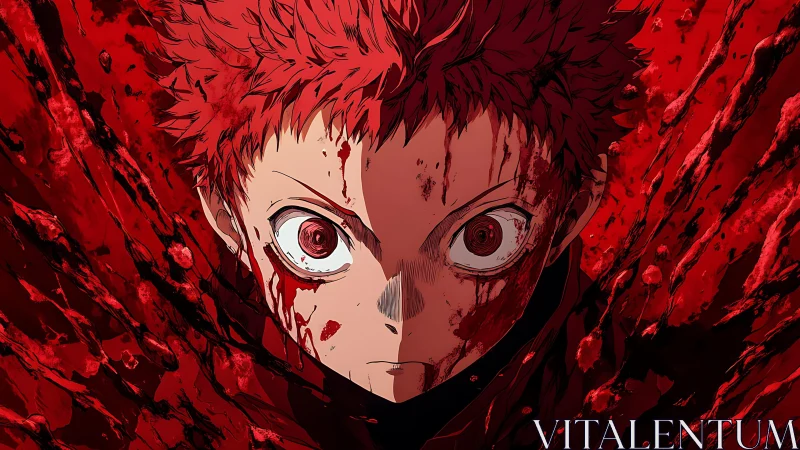 Symmetrical anime portrait shows blood-splattered, high-tension stare