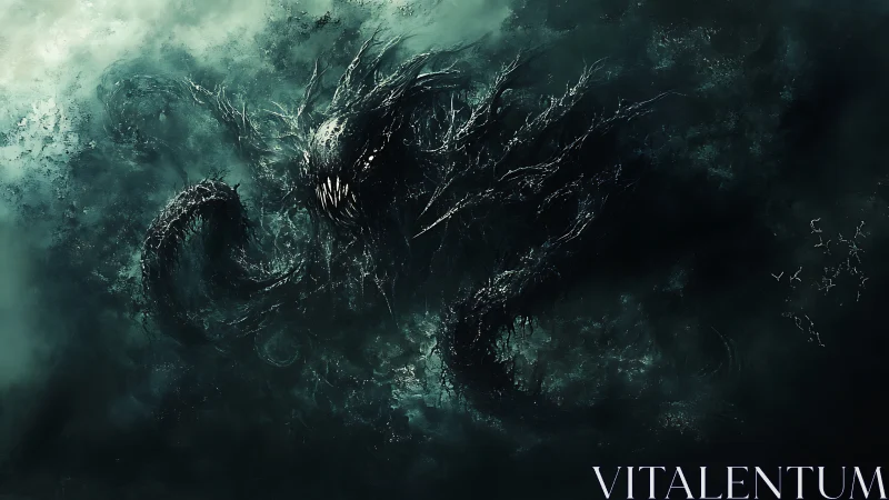Stormlit abyss creature emerging from swirling dark waves.