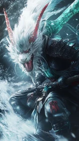 Armored dragon warrior surges through icy torrent in battle