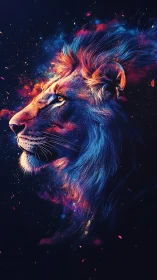 Neon lit lion profile dissolves into high contrast cosmic nebula