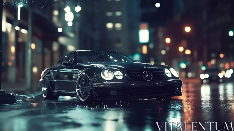 Black Mercedes coupe reflects neon on wet night street.