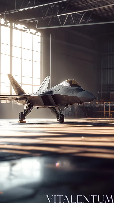 Photorealistic stealth jet in sunlit industrial hangar scene.