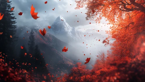 Crimson autumn leaves swirling before misty alpine peak.