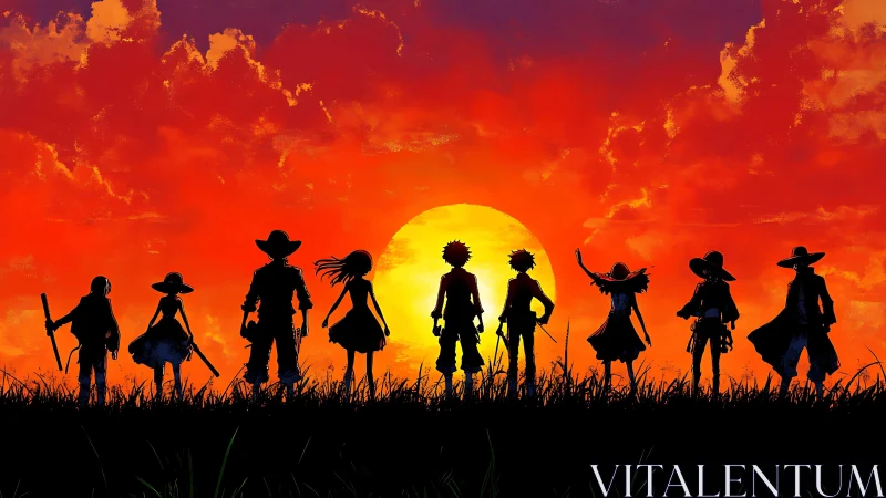 Silhouetted anime crew walking toward blazing sunset horizon.