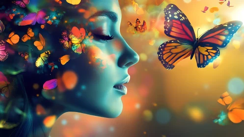 Chromatic female profile with bokeh-lit butterflies in dynamic depth