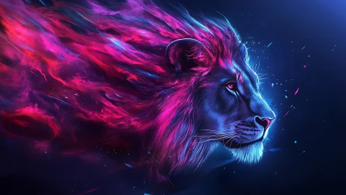 Neon cosmic lion head burns through deep electric void