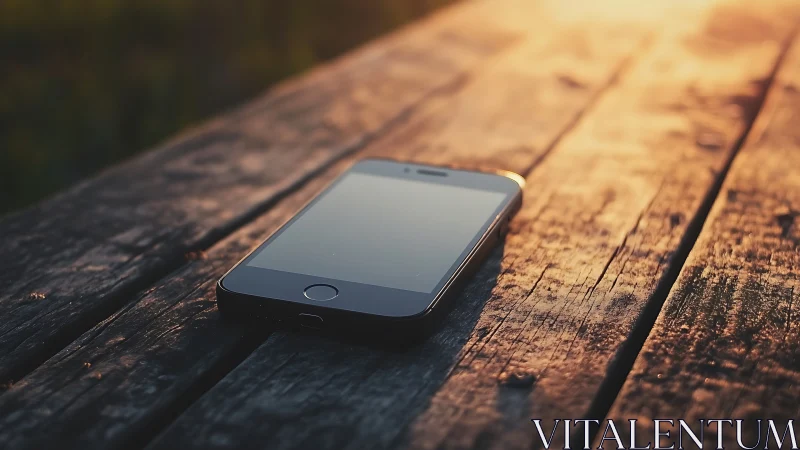 Midnight device rests against weathered grain in golden afternoon glow.