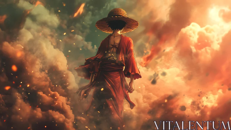 Anime wanderer in ember storm, cinematic backlit composition.