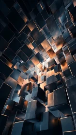 Metallic geometric cubes with warm industrial glow.