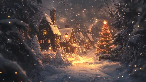 Snowy cottage lane glows softly under warm Christmas lights