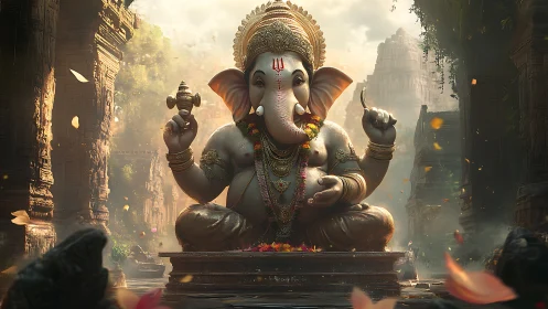 Lord Ganesha idol in misty temple ruin with warm backlight.