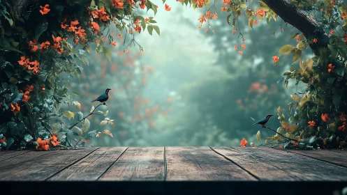 Wooden terrace overlooks misty garden framed by flowers