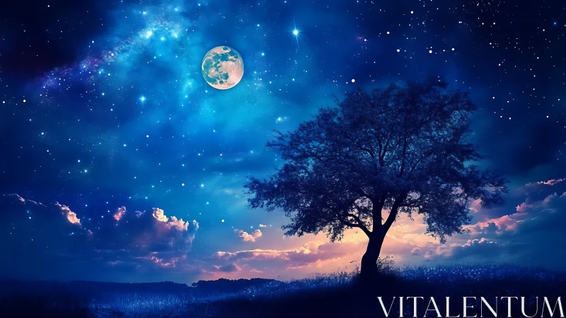 Isolated tree under luminous moonlit starfield sky.