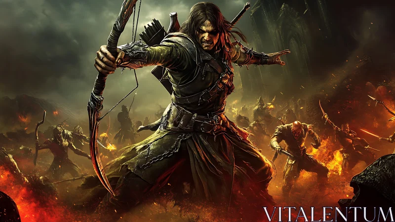 Fierce fantasy archer leading a fiery last stand in battle.