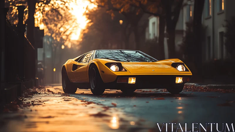 Low-angle autumn street portrait of yellow vintage supercar