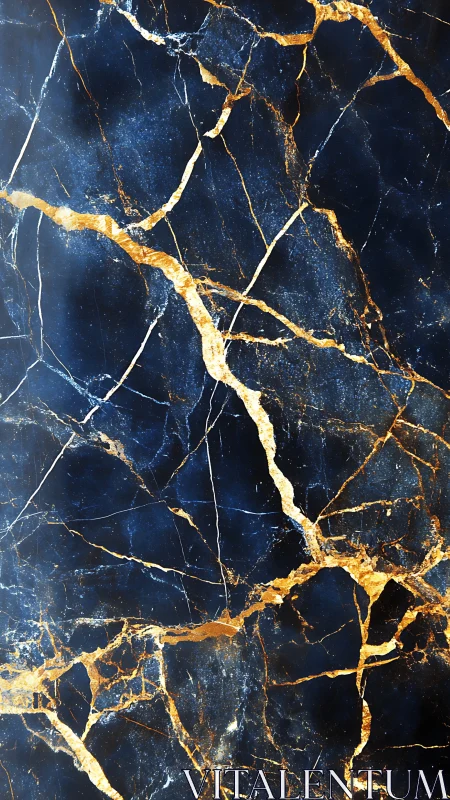 Golden fracture veins traverse deep midnight blue marble plane