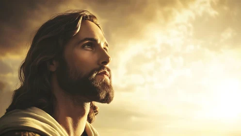 Sunlit profile of bearded man gazing toward glowing horizon.