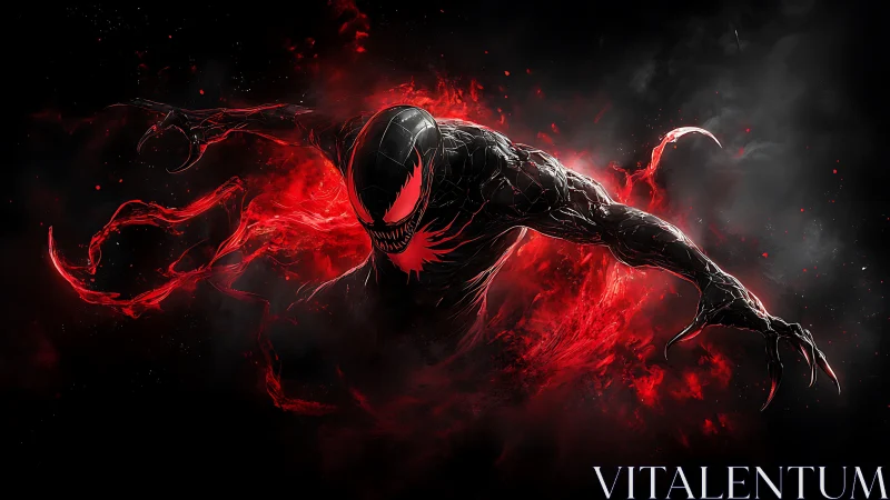 Sinister black symbiote lunges through blazing red void.