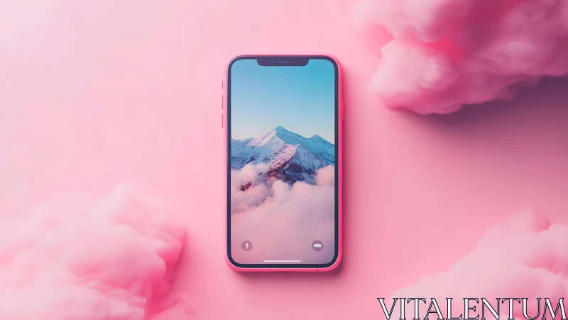 Pink smartphone with mountain wallpaper in dreamy pastel cloud scene. Pink smartphone with mountain wallpaper in dreamy pastel cloud scene.
