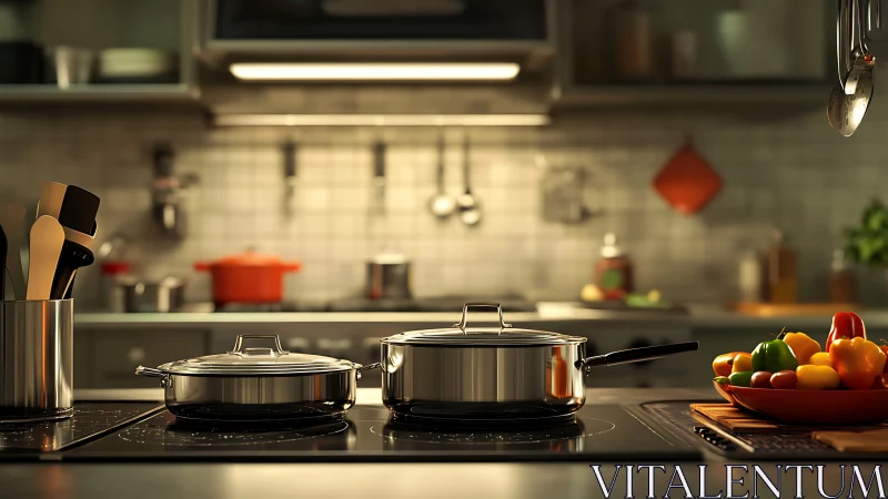 Stainless cookware on induction hob in tiled modern kitchen.