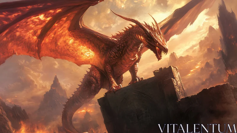 Ember-winged dragon guarding a crumbling molten kingdom.