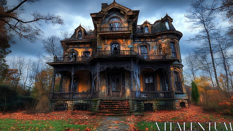 Autumn-lit haunted manor whispering in rusted lacework gloom.