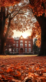 Symmetrical brick academy framed by autumn foliage at sunset