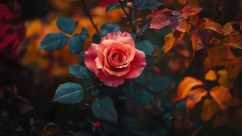 Coral Rose in Autumn Glow with Vibrant Seasonal Foliage
