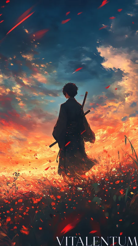 Lone samurai watches a blazing sunset over a wild meadow