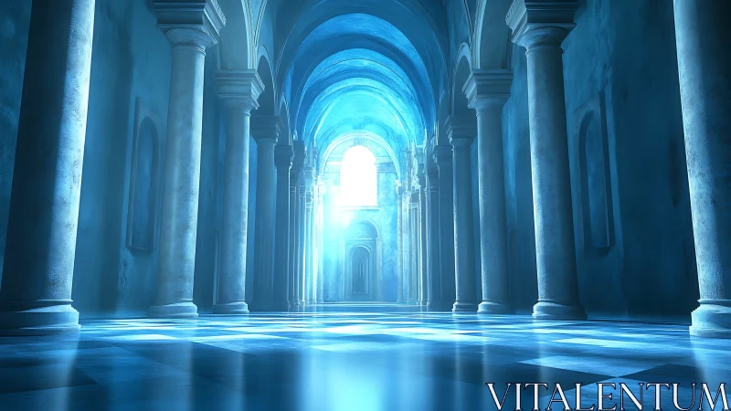 Ethereal Sanctuary: Luminous Colonnade in Cyan Silence.